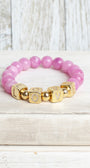 Striking Gold Plated Cube Beads with Pave Crystal Letters Spelling LOVE on Pink Agate Stretch Bracelet (Copy)