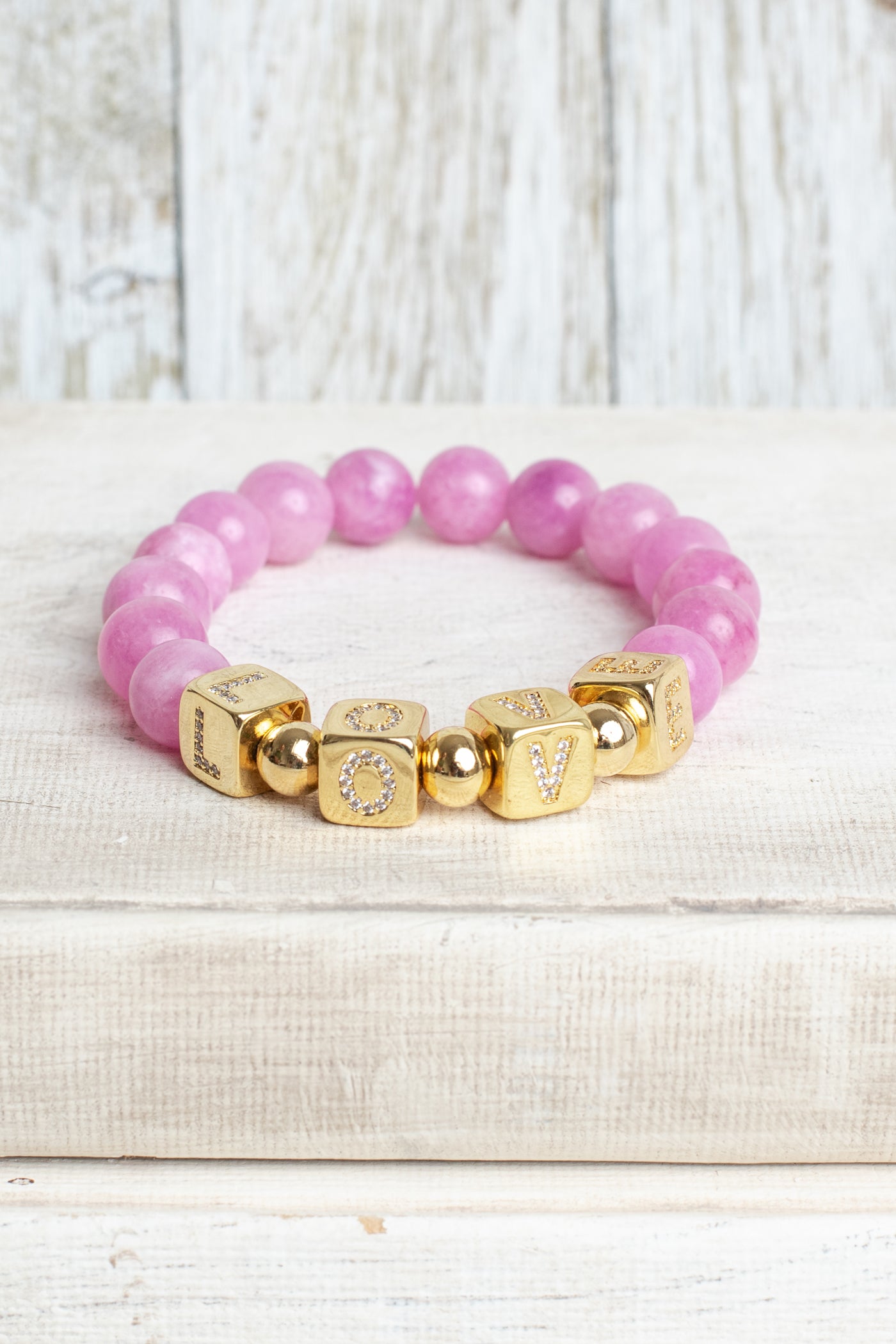 Striking Gold Plated Cube Beads with Pave Crystal Letters Spelling LOVE on Pink Agate Stretch Bracelet (Copy)