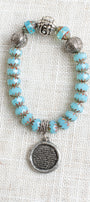 Aqua Rhondelle Beaded Stretch Bracelet with Silver Plated Focal Beads and Silver Plated Serenity Prayer Charm