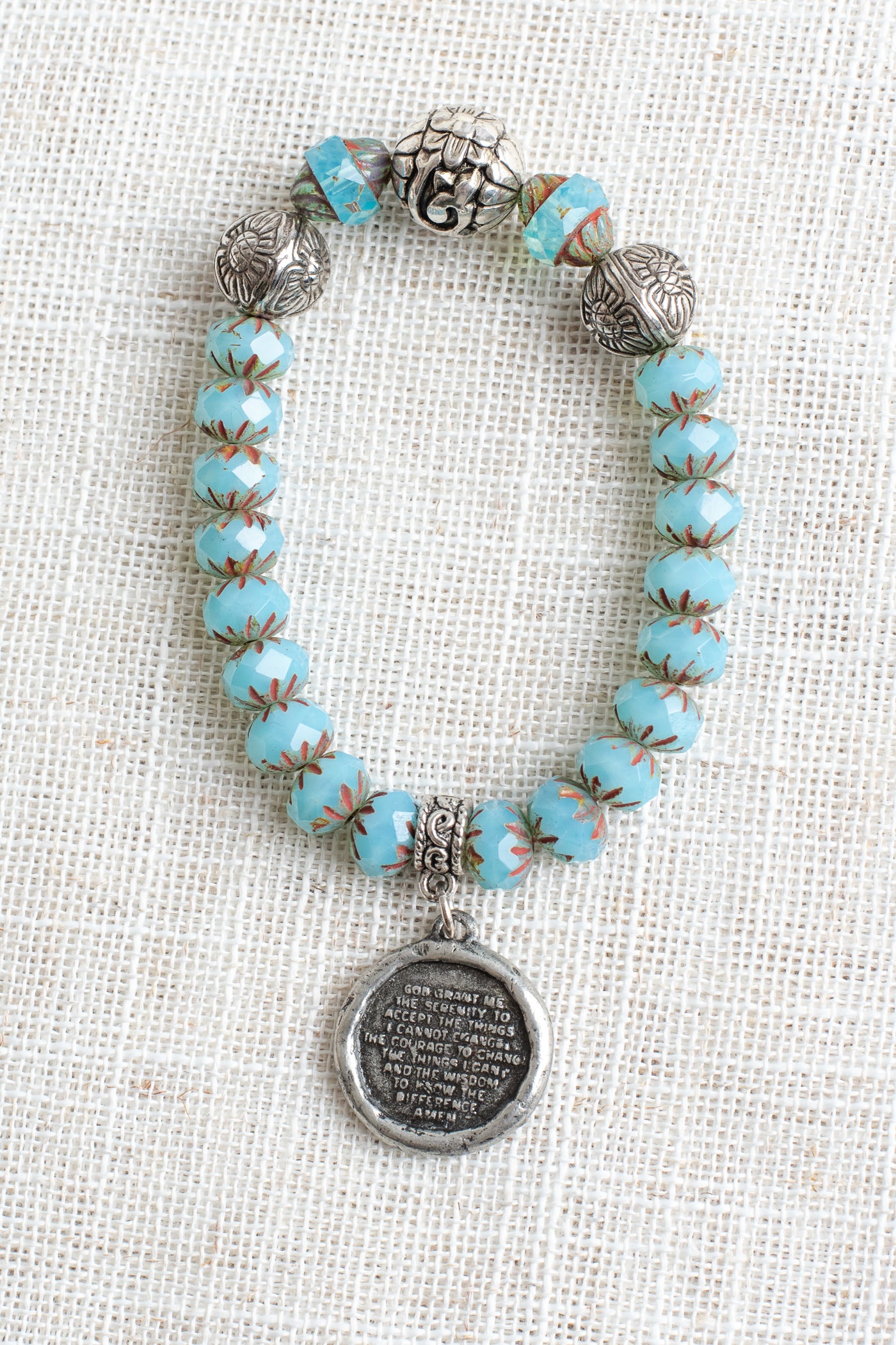 Aqua Rhondelle Beaded Stretch Bracelet with Silver Plated Focal Beads and Silver Plated Serenity Prayer Charm