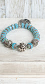 Aqua Rhondelle Beaded Stretch Bracelet with Silver Plated Focal Beads and Silver Plated Serenity Prayer Charm