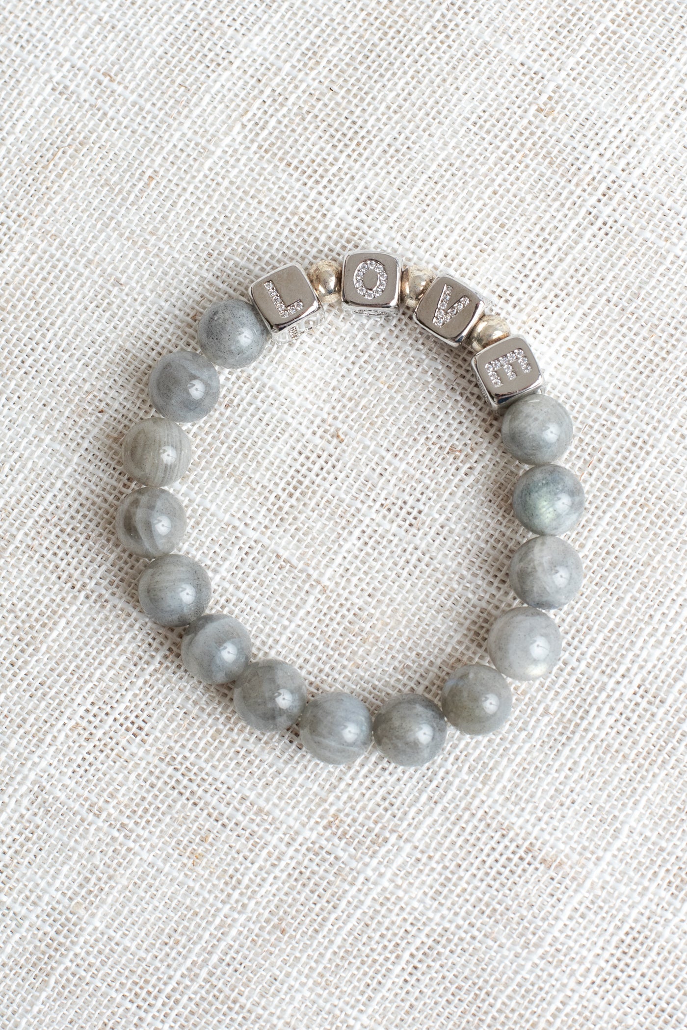 Pave Silver Cube Beads say LOVE on Labradorite Stone Beaded Stretch Bracelet
