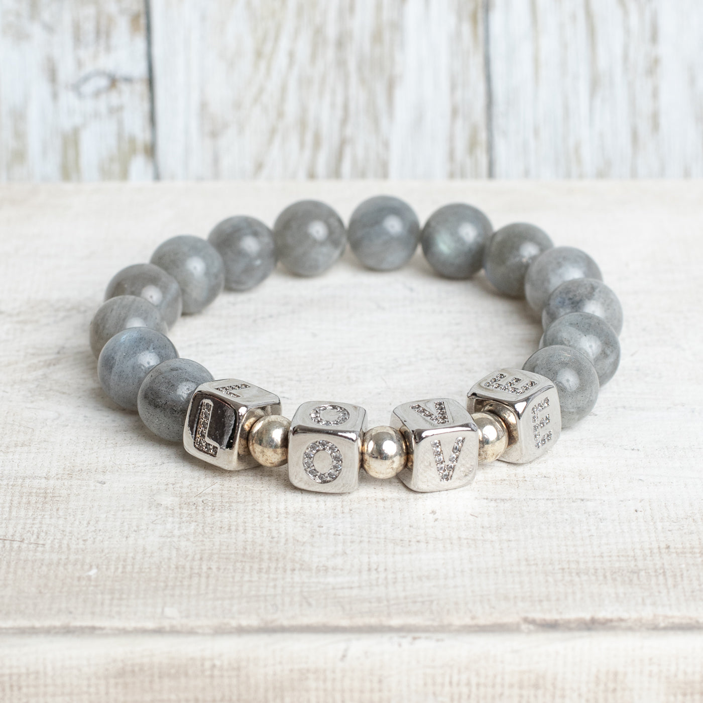 Pave Silver Cube Beads say LOVE on Labradorite Stone Beaded Stretch Bracelet