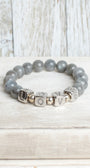 Pave Silver Cube Beads say LOVE on Labradorite Stone Beaded Stretch Bracelet
