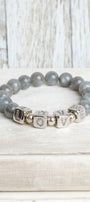 Pave Silver Cube Beads say LOVE on Labradorite Stone Beaded Stretch Bracelet