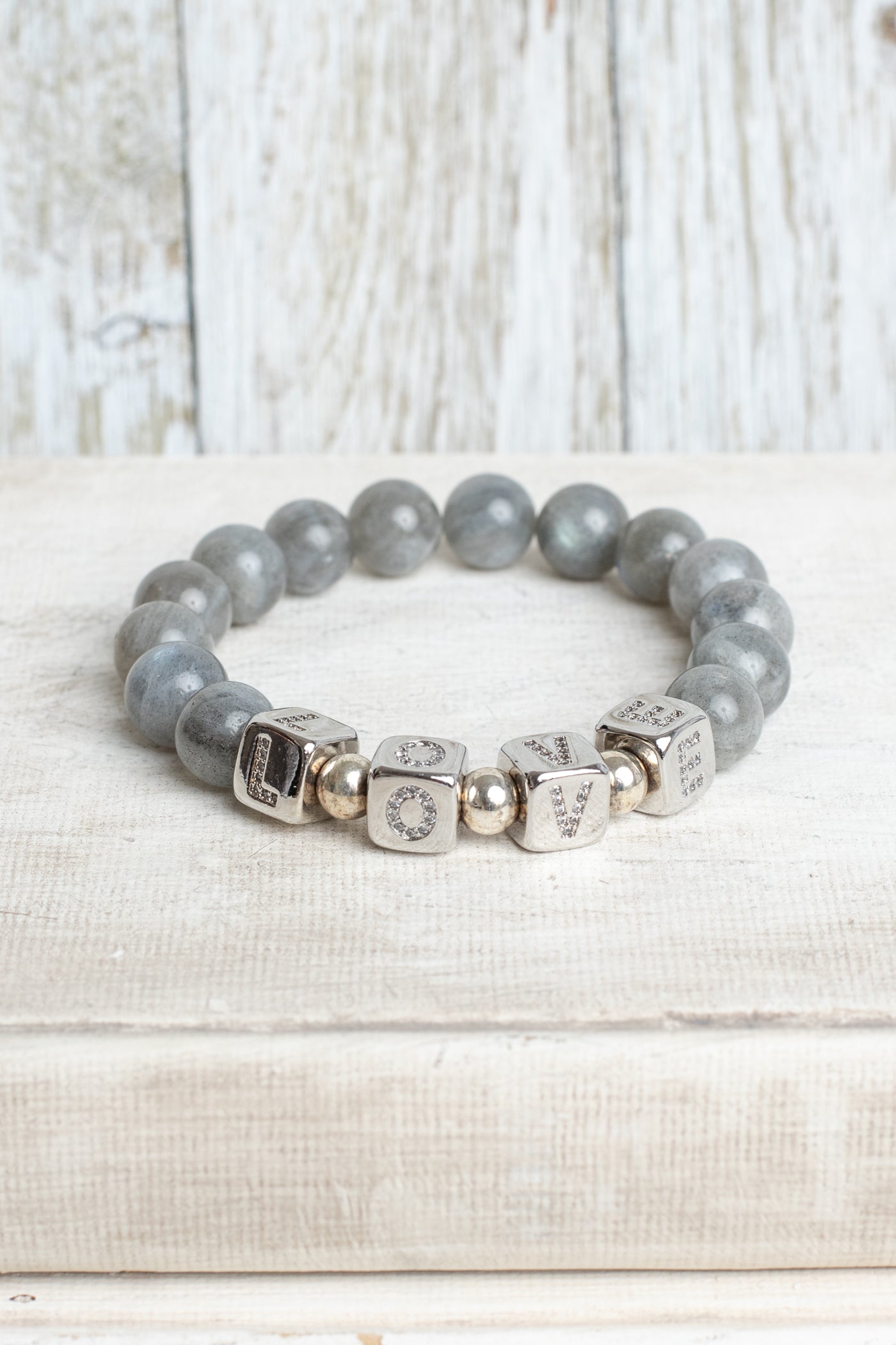 Pave Silver Cube Beads say LOVE on Labradorite Stone Beaded Stretch Bracelet