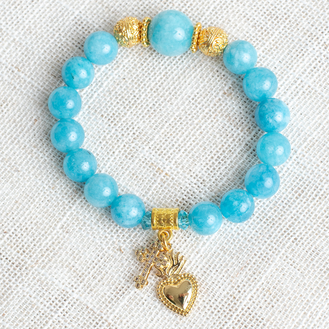 Amazonite Beaded Stretch Bracelet with Gold Plated Beads and Charms of a Sacred Heart and Pave Cross