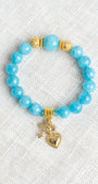 Amazonite Beaded Stretch Bracelet with Gold Plated Beads and Charms of a Sacred Heart and Pave Cross