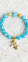 Amazonite Beaded Stretch Bracelet with Gold Plated Beads and Charms of a Sacred Heart and Pave Cross