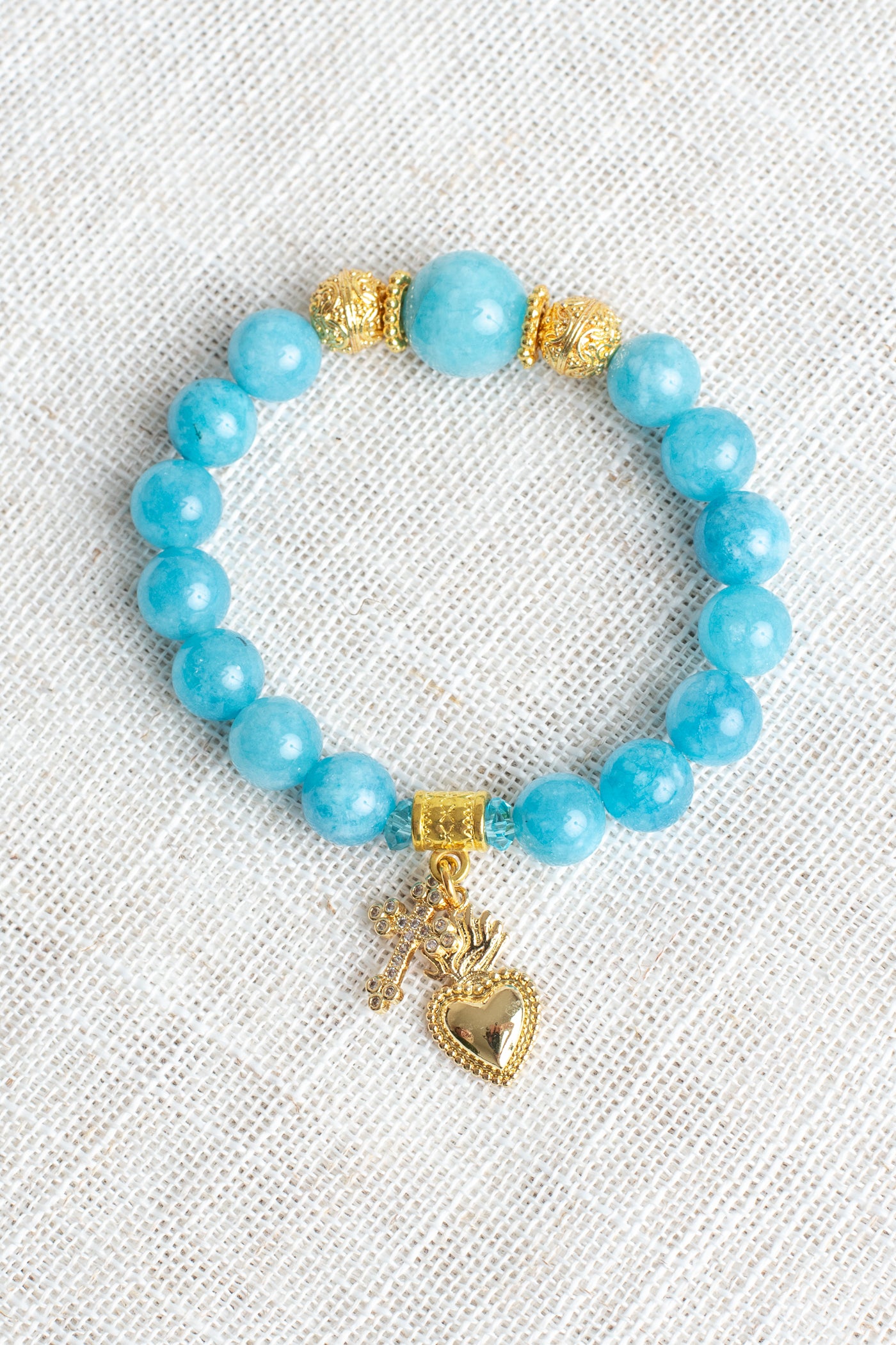 Amazonite Beaded Stretch Bracelet with Gold Plated Beads and Charms of a Sacred Heart and Pave Cross