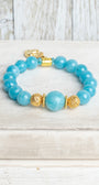 Amazonite Beaded Stretch Bracelet with Gold Plated Beads and Charms of a Sacred Heart and Pave Cross