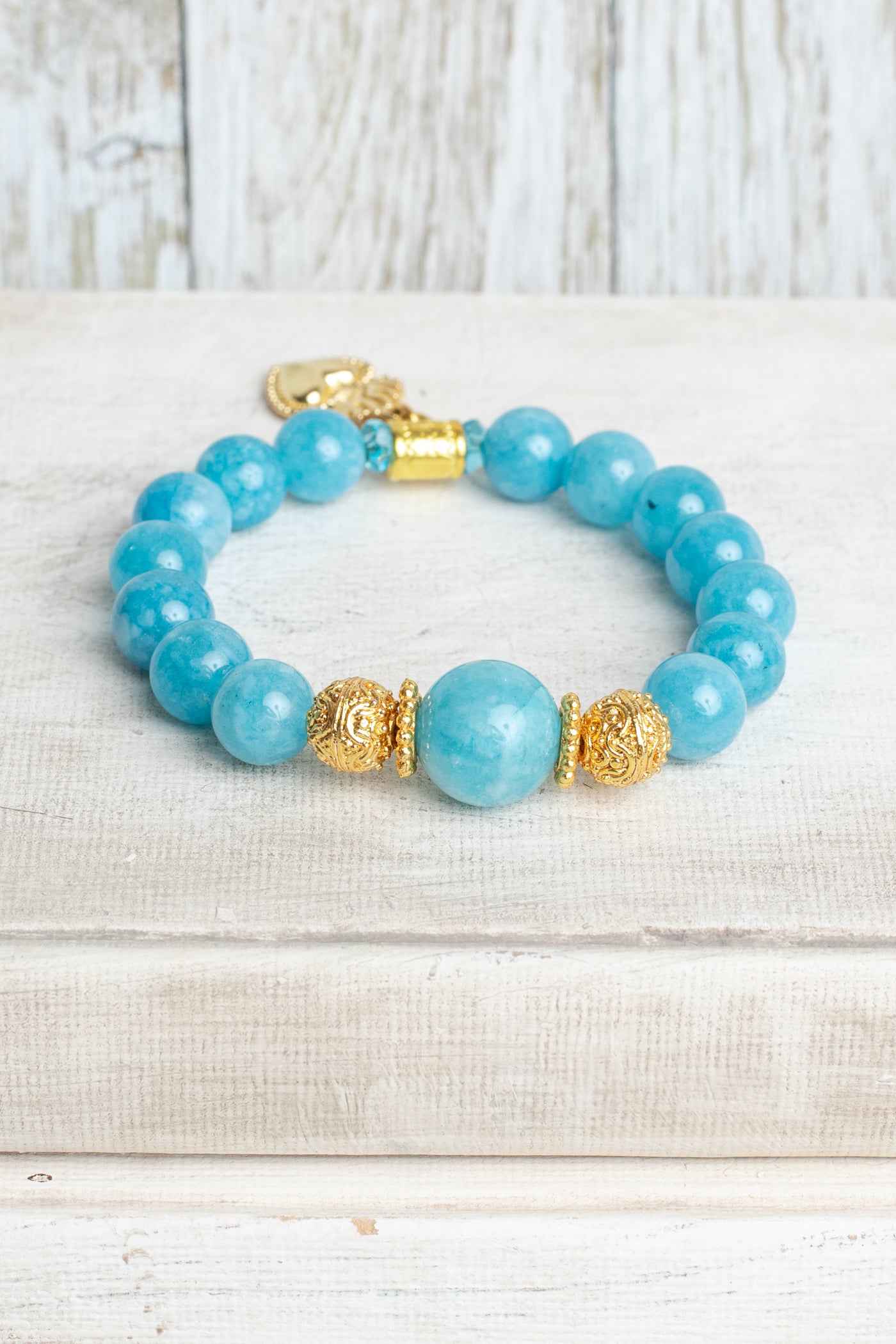 Amazonite Beaded Stretch Bracelet with Gold Plated Beads and Charms of a Sacred Heart and Pave Cross