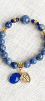 Royal Blue Sodalite Stone Beaded Stretch Bracelet with Bronze Cross Shield and Blue Crystal Charms (Copy)