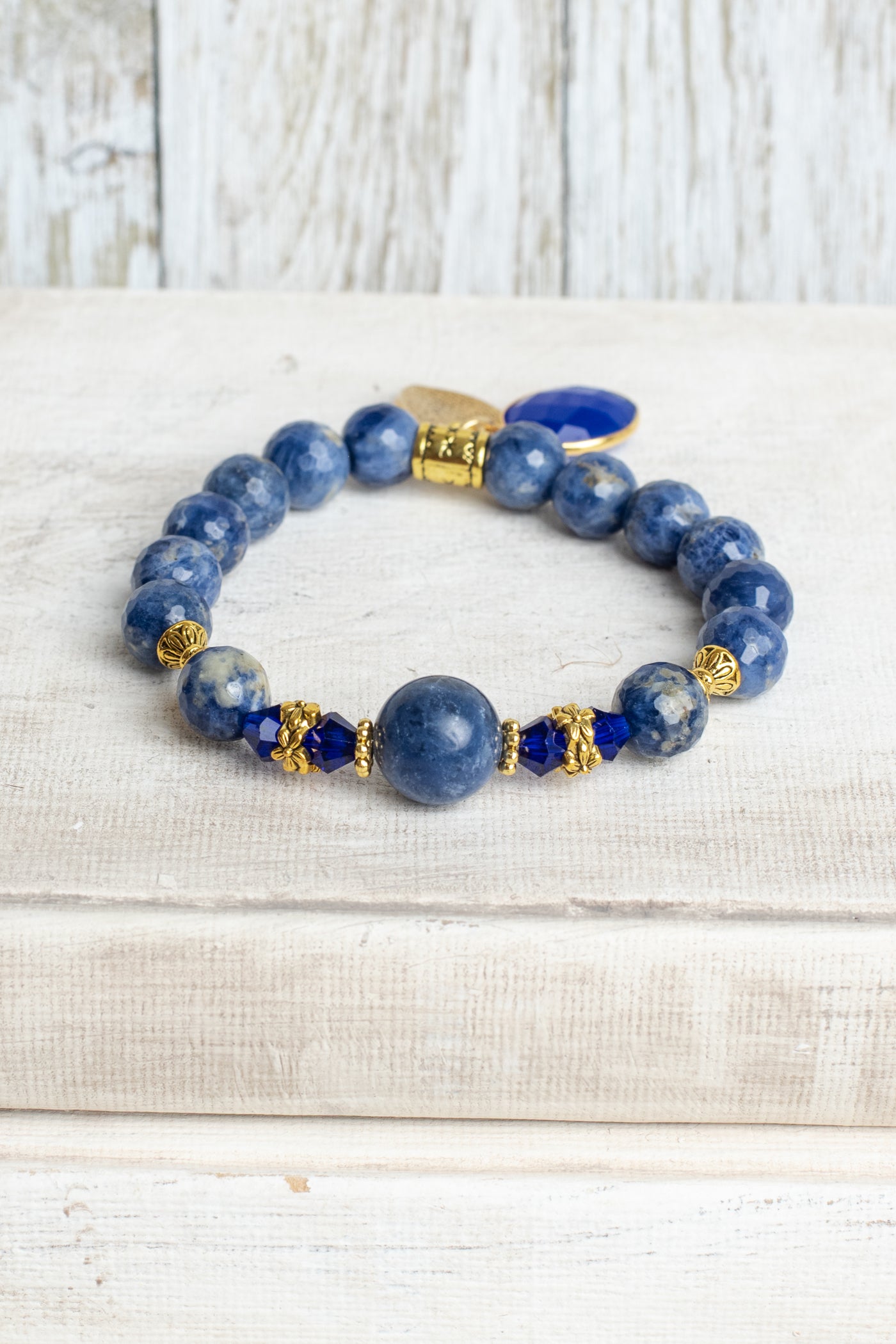 Royal Blue Sodalite Stone Beaded Stretch Bracelet with Bronze Cross Shield and Blue Crystal Charms (Copy)