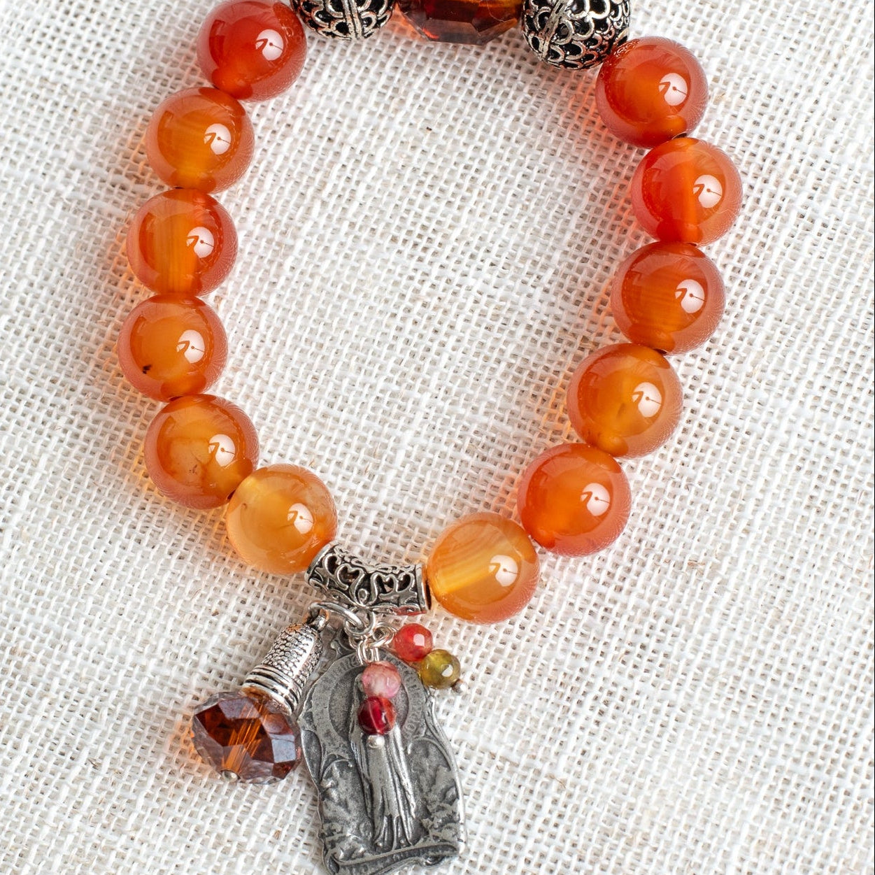 Carnelian and Crystal Stretch Bracelet with Catholic Medal and Crystal Charms