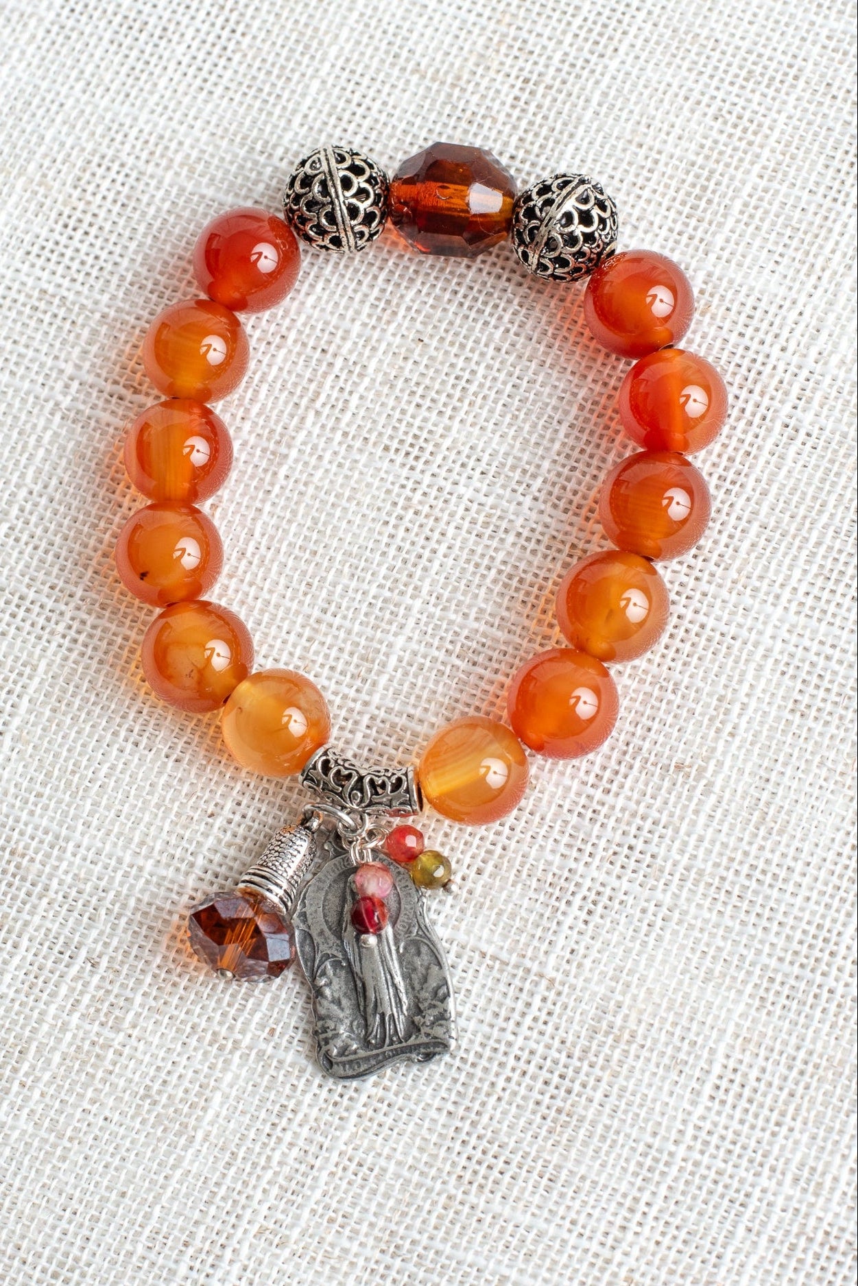 Carnelian and Crystal Stretch Bracelet with Catholic Medal and Crystal Charms