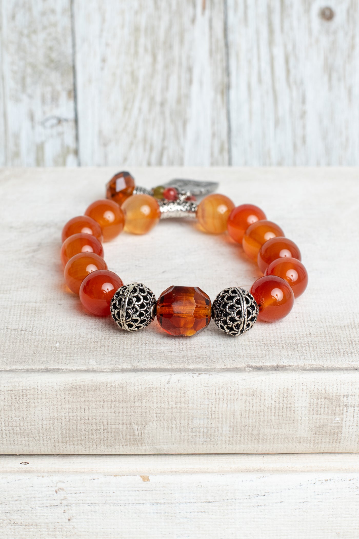 Carnelian and Crystal Stretch Bracelet with Catholic Medal and Crystal Charms