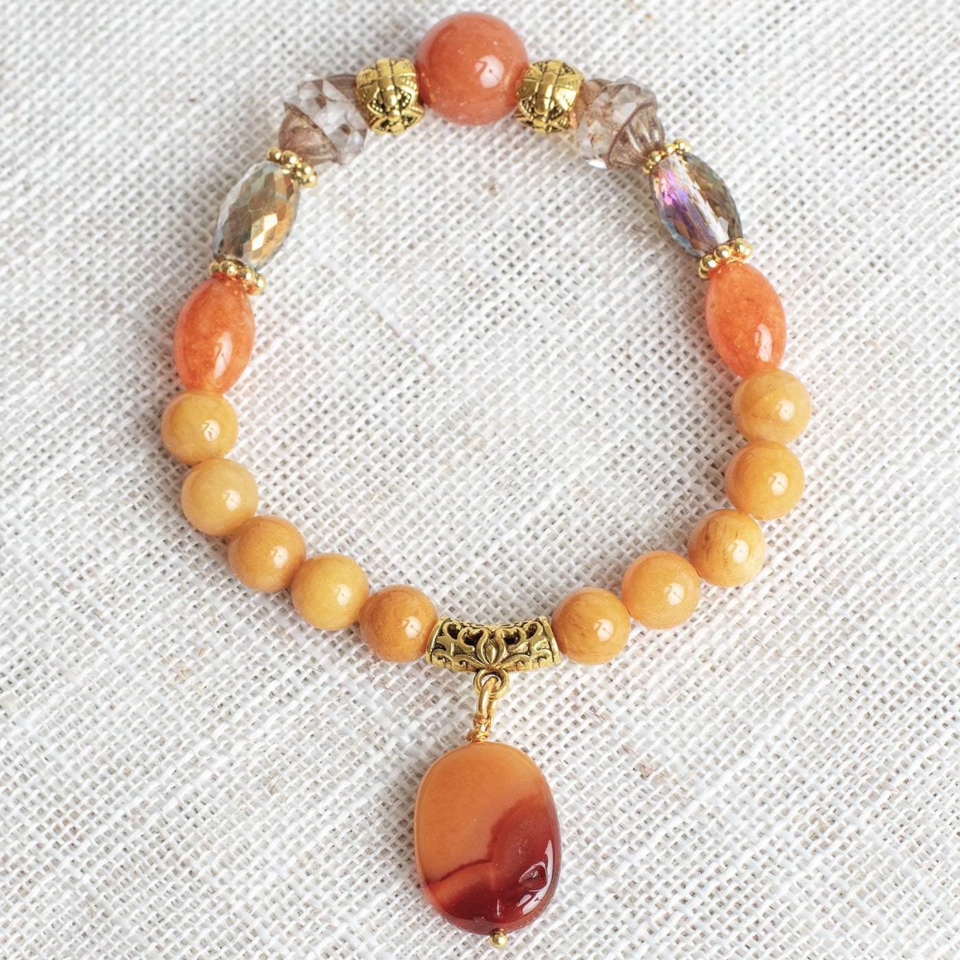 Gold Agate and Orange Quartz Stretch Bracelet with Crystal Accents and Large Agate Drop Bead