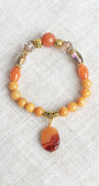 Gold Agate and Orange Quartz Stretch Bracelet with Crystal Accents and Large Agate Drop Bead
