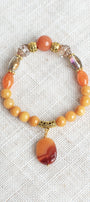 Gold Agate and Orange Quartz Stretch Bracelet with Crystal Accents and Large Agate Drop Bead