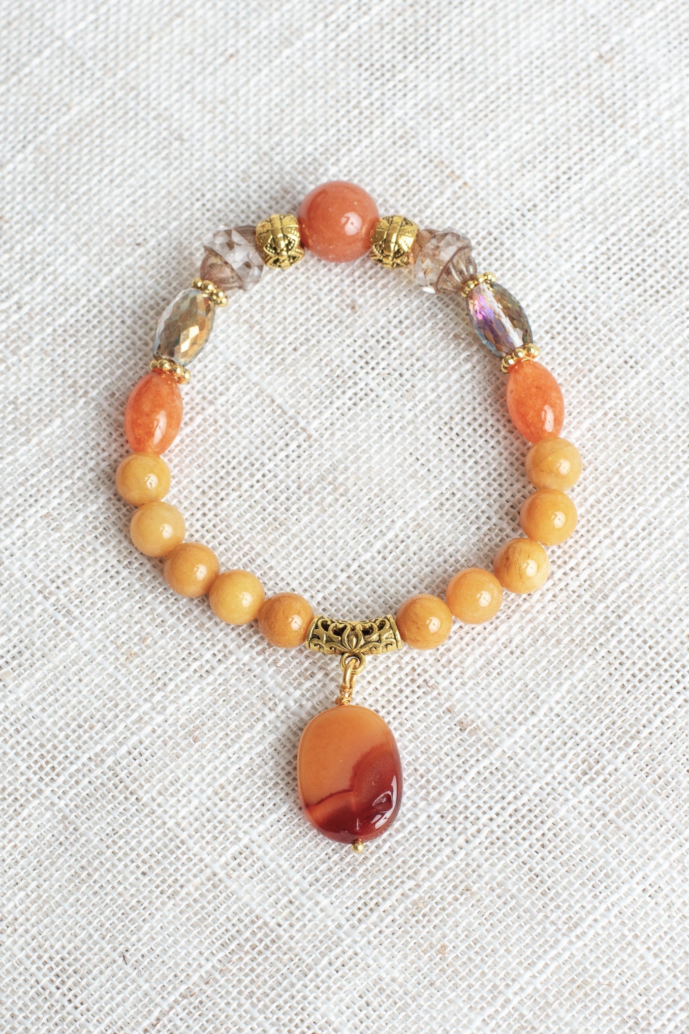 Gold Agate and Orange Quartz Stretch Bracelet with Crystal Accents and Large Agate Drop Bead