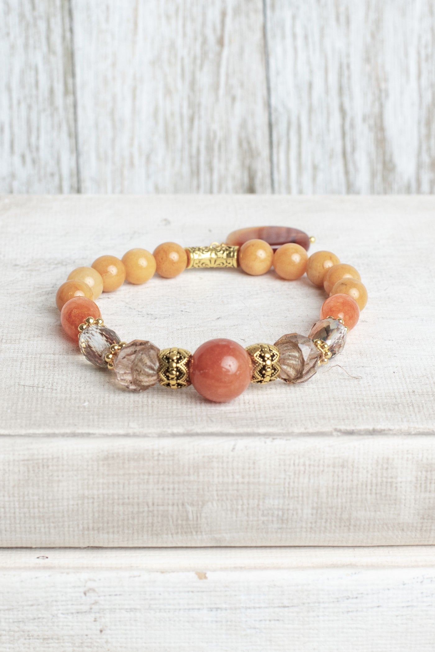 Gold Agate and Orange Quartz Stretch Bracelet with Crystal Accents and Large Agate Drop Bead