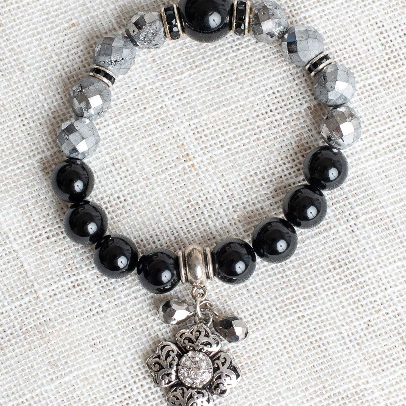 Faceted Silver Druzy Quartz and Black Agate Stone Stretc Bracelet with Silver Filigree Cross Charm and Crystal