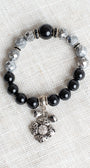 Faceted Silver Druzy Quartz and Black Agate Stone Stretc Bracelet with Silver Filigree Cross Charm and Crystal