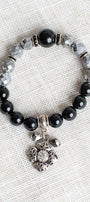 Faceted Silver Druzy Quartz and Black Agate Stone Stretc Bracelet with Silver Filigree Cross Charm and Crystal