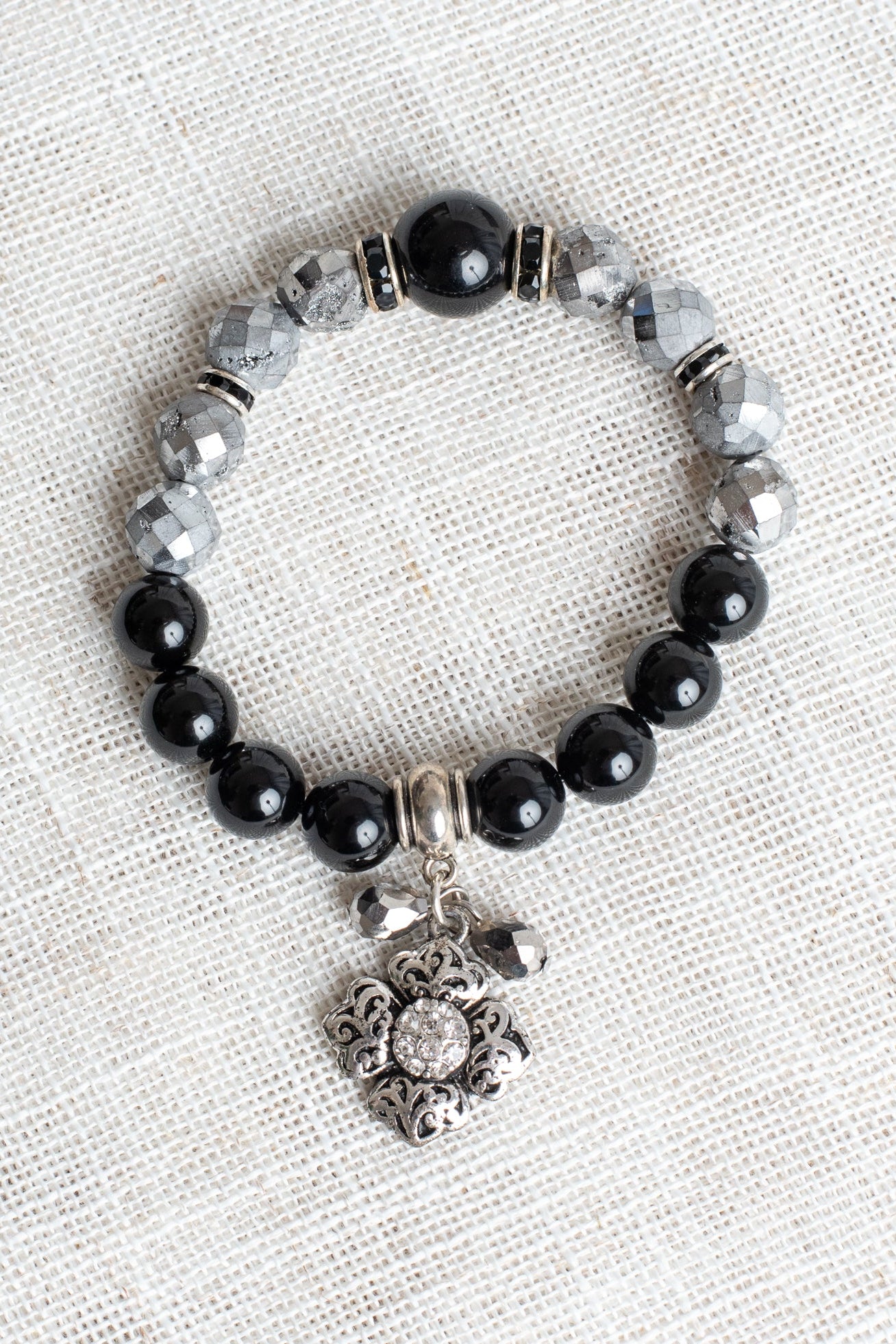 Faceted Silver Druzy Quartz and Black Agate Stone Stretc Bracelet with Silver Filigree Cross Charm and Crystal