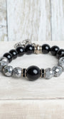 Faceted Silver Druzy Quartz and Black Agate Stone Stretc Bracelet with Silver Filigree Cross Charm and Crystal