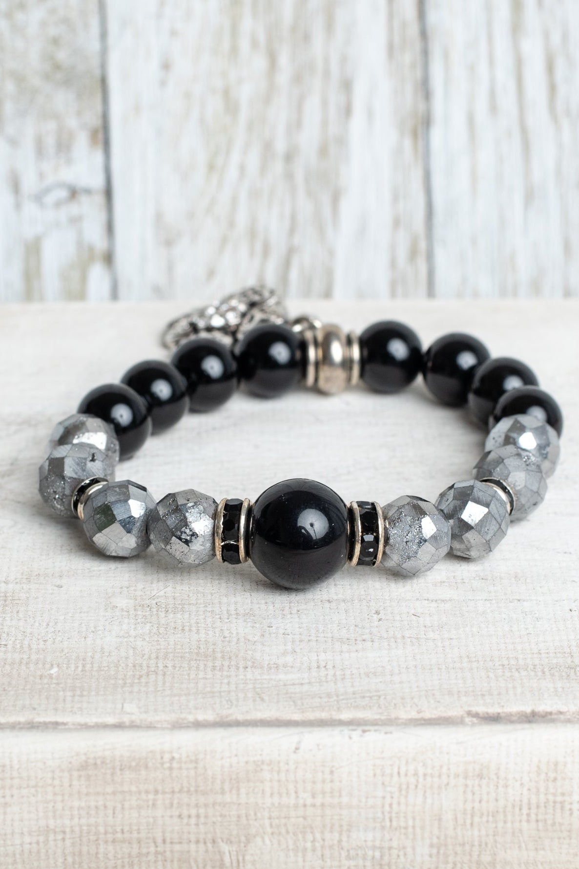 Faceted Silver Druzy Quartz and Black Agate Stone Stretc Bracelet with Silver Filigree Cross Charm and Crystal