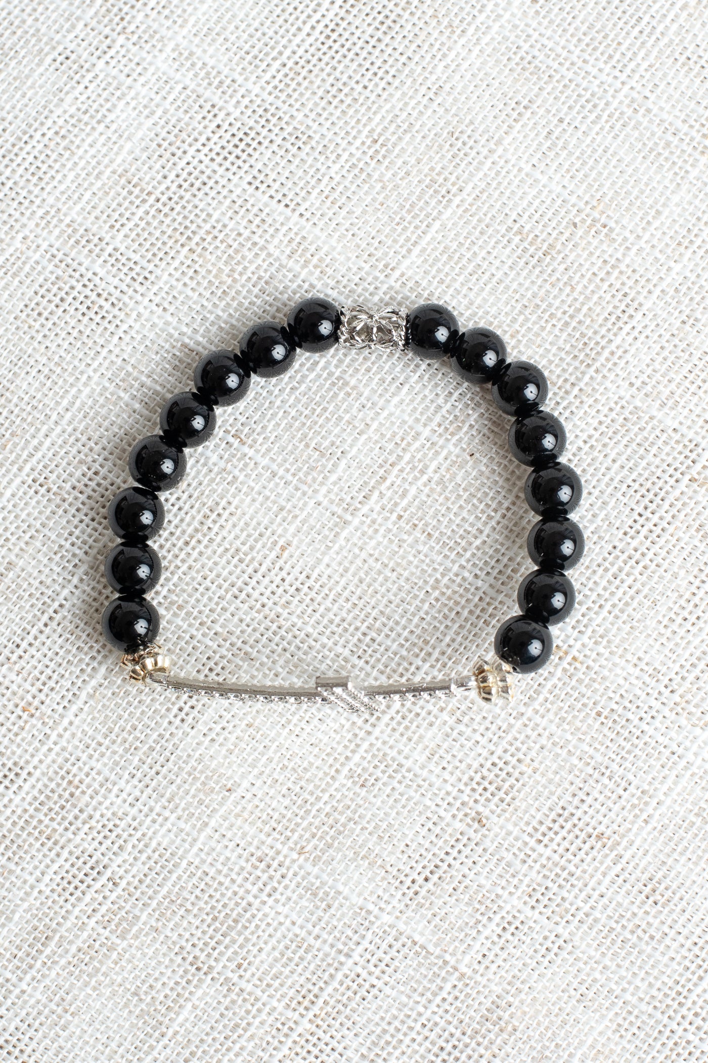 Bold Black Agate Beads and Focal Crystal Cross Stretch Bracelet