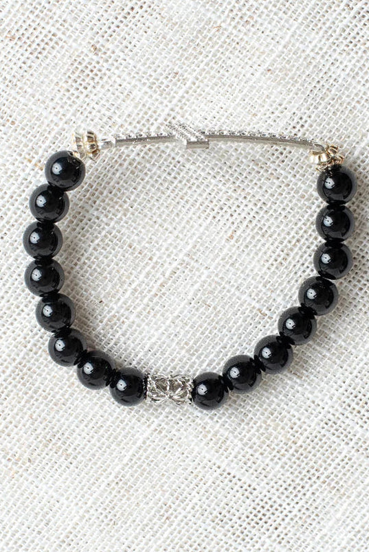 Large Crystal Cross Wrist Charm on a Black Agate Stone Stretch Bracelet