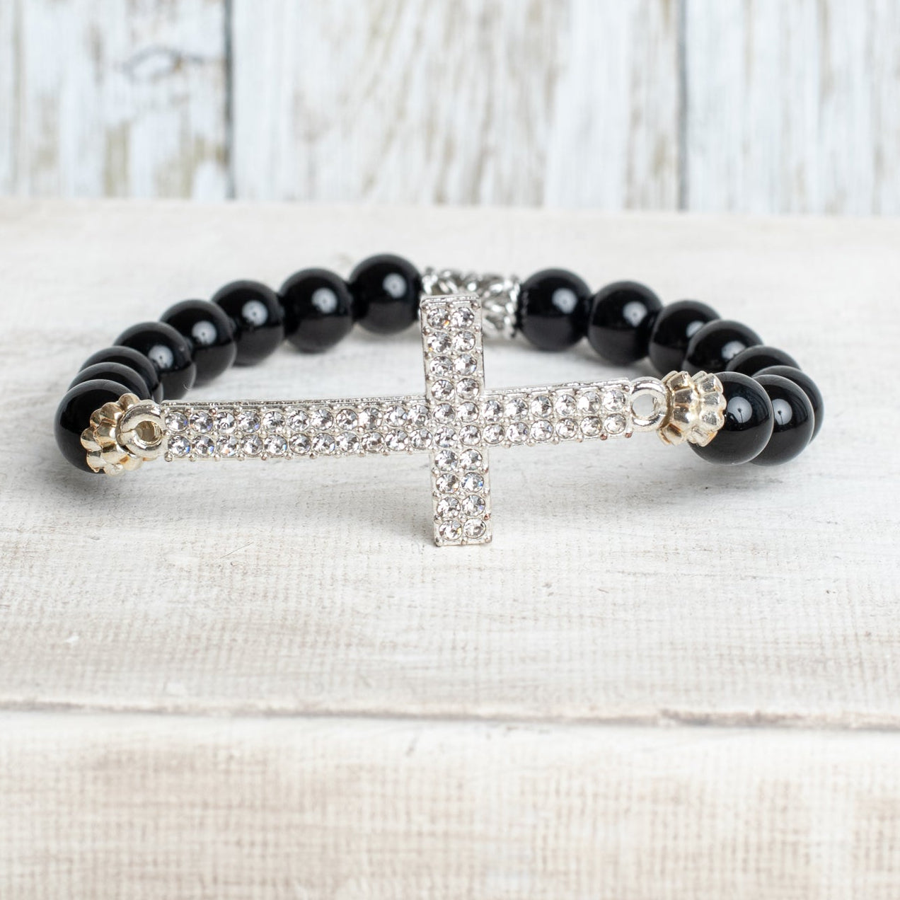 Bold Black Agate Beads and Focal Crystal Cross Stretch Bracelet