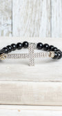 Bold Black Agate Beads and Focal Crystal Cross Stretch Bracelet