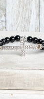 Bold Black Agate Beads and Focal Crystal Cross Stretch Bracelet