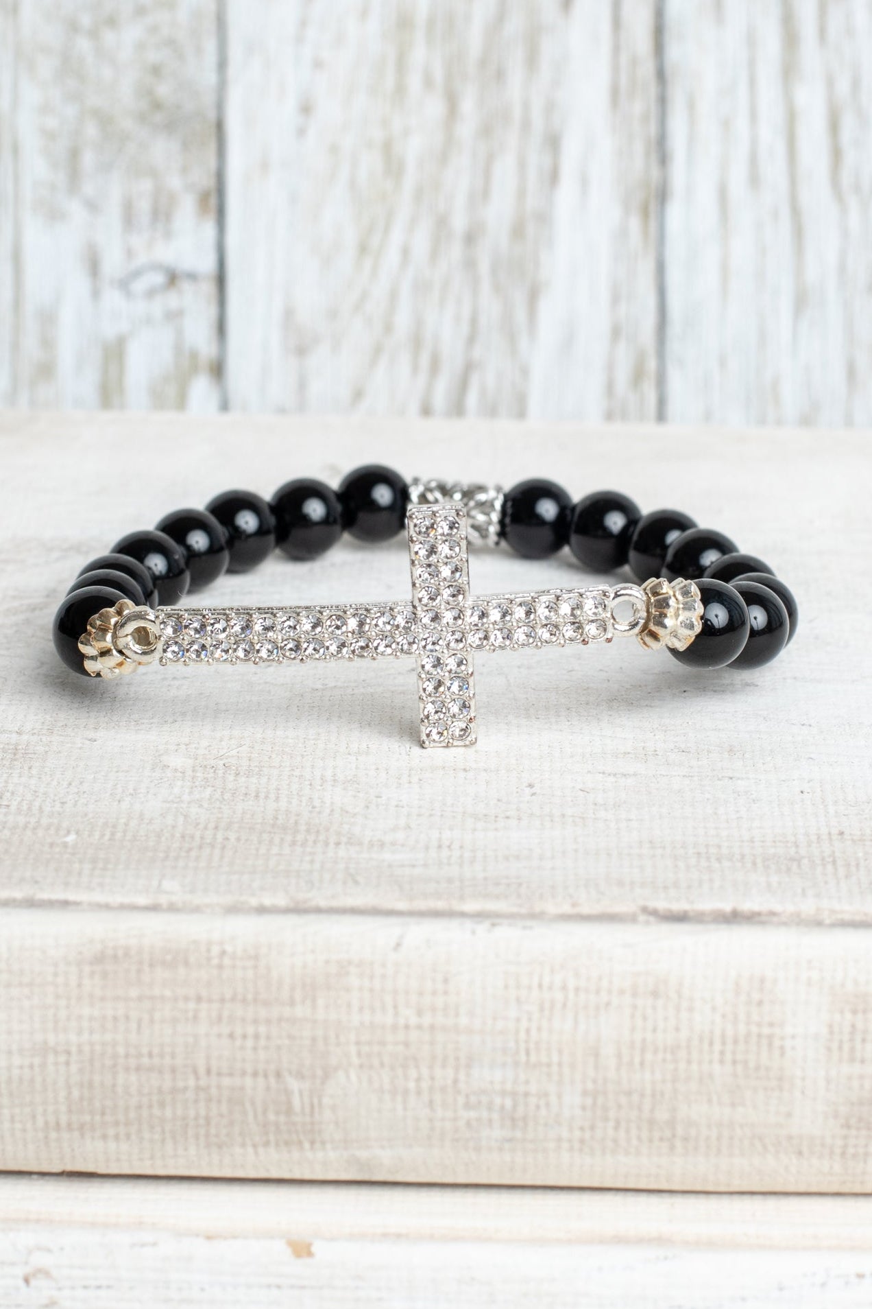 Bold Black Agate Beads and Focal Crystal Cross Stretch Bracelet