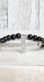 Large Crystal Cross Wrist Charm on a Black Agate Stone Stretch Bracelet