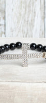 Large Crystal Cross Wrist Charm on a Black Agate Stone Stretch Bracelet