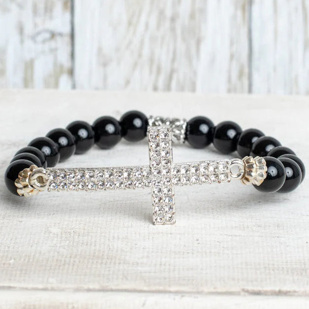 Large Crystal Cross Wrist Charm on a Black Agate Stone Stretch Bracelet