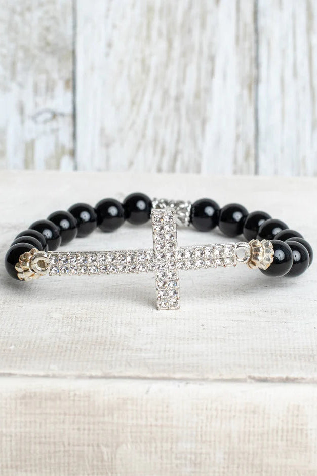 Large Crystal Cross Wrist Charm on a Black Agate Stone Stretch Bracelet