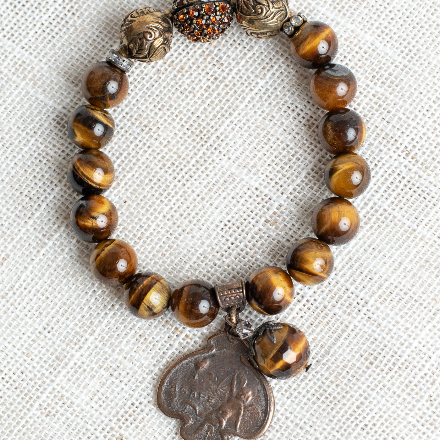 Brown Cats Eye Stone Vintage Style Stretch Bracelet with Cherub Medal