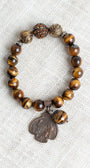 Brown Cats Eye Stone Vintage Style Stretch Bracelet with Cherub Medal