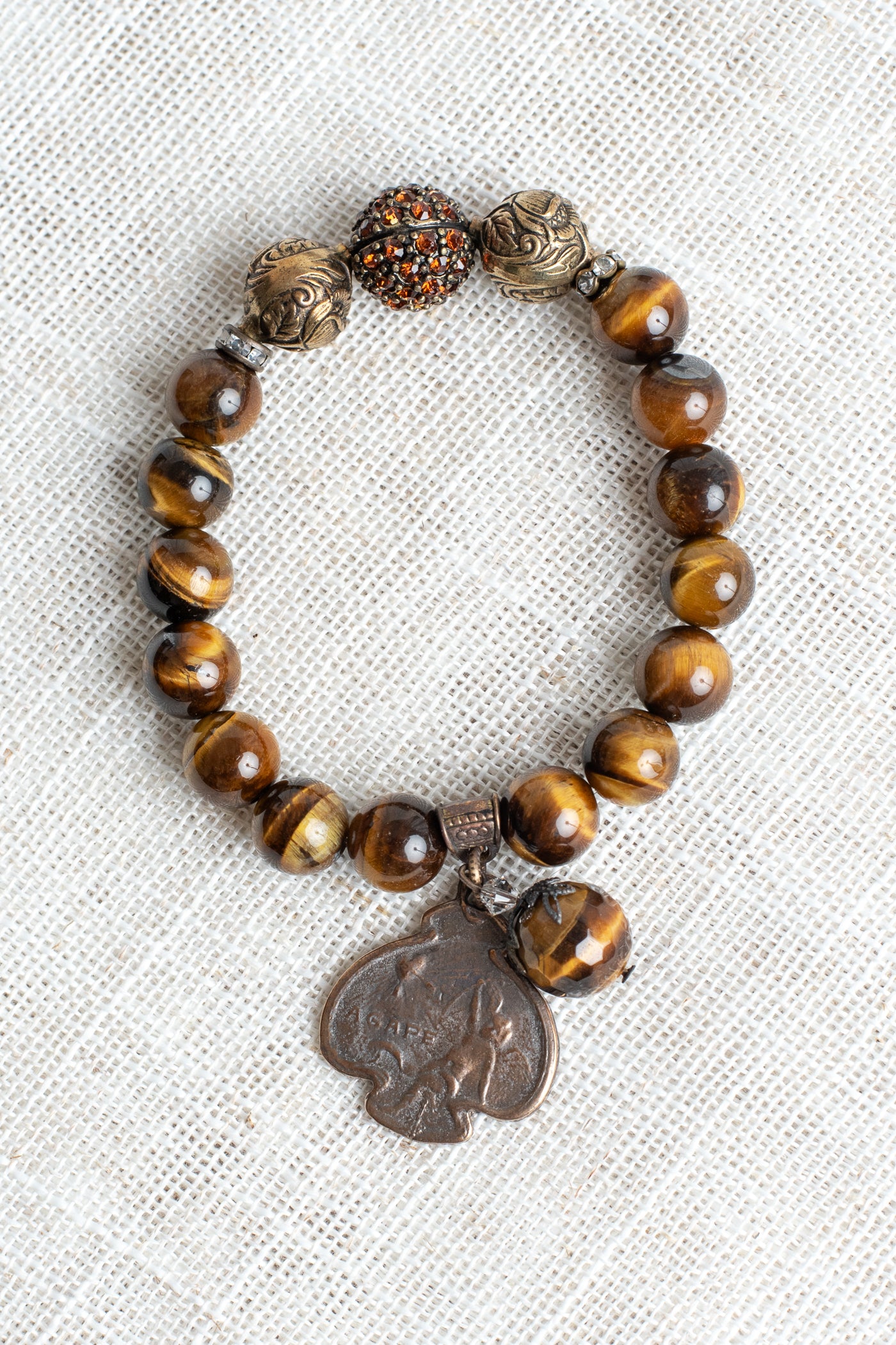 Brown Cats Eye Stone Vintage Style Stretch Bracelet with Cherub Medal