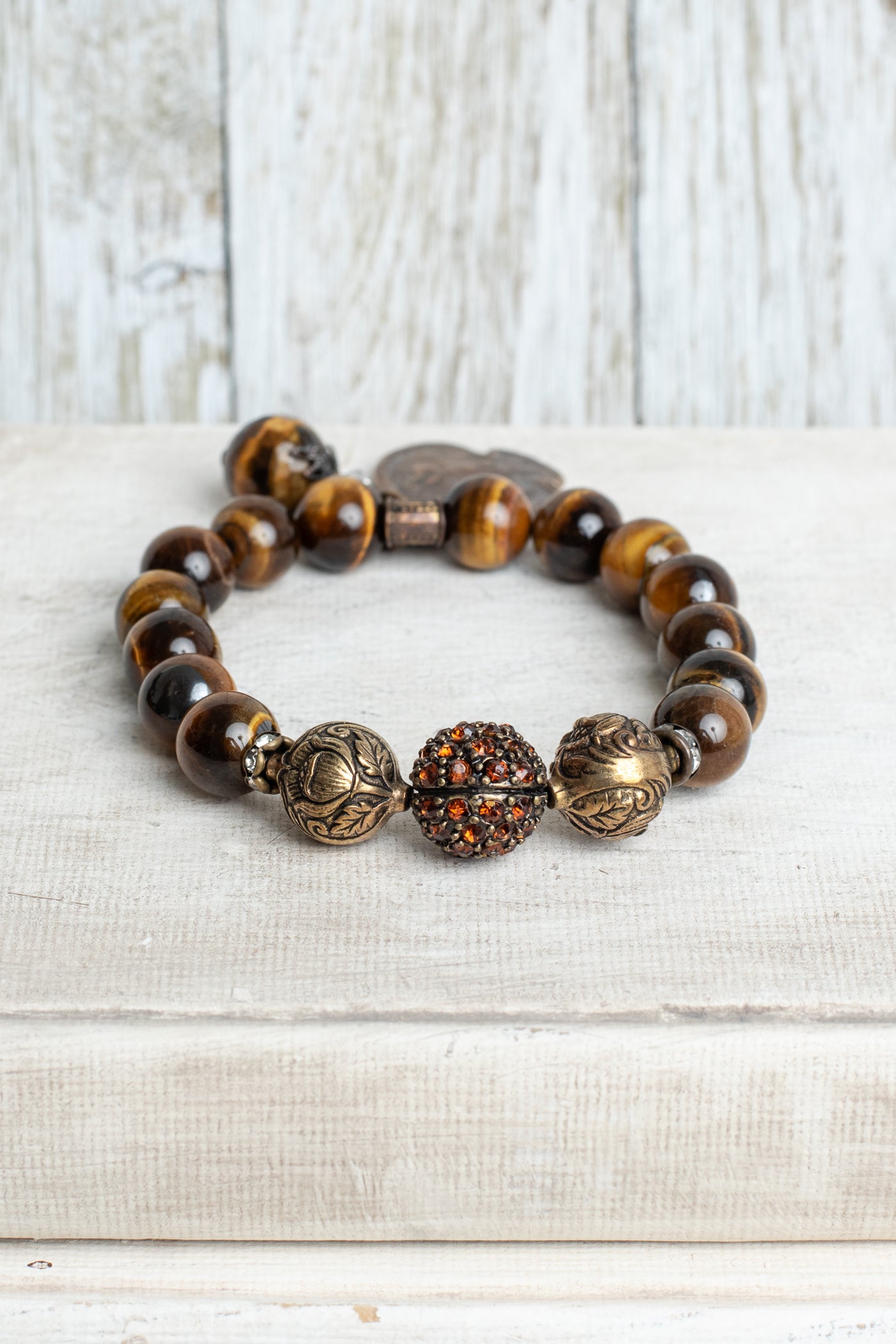 Brown Cats Eye Stone Vintage Style Stretch Bracelet with Cherub Medal