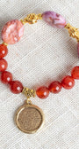 Pink Orange Jasper Focal Stones and Carnelian Stone and Stretch Bracelet with a Serenity Prayer Charm
