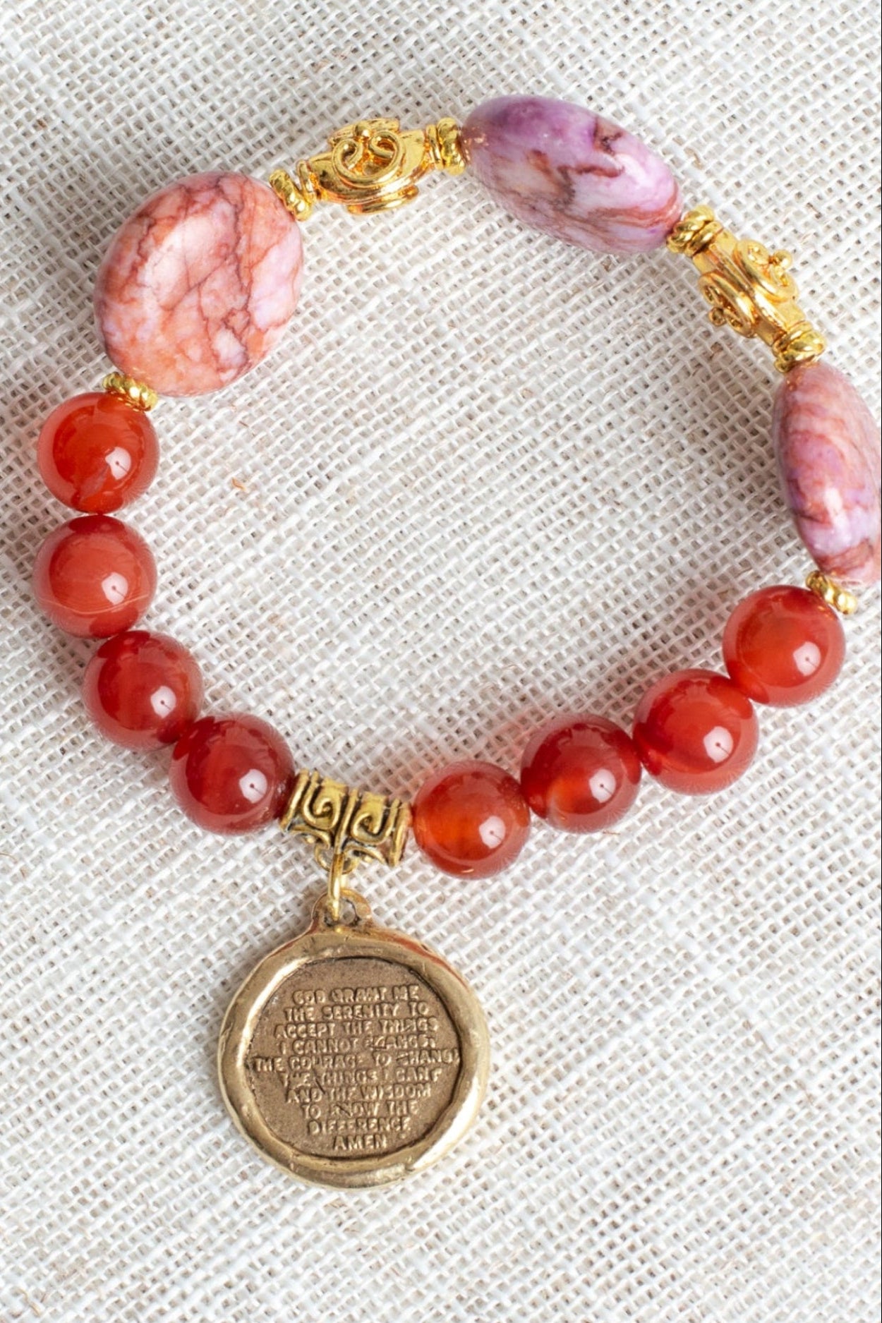 Pink Orange Jasper Focal Stones and Carnelian Stone and Stretch Bracelet with a Serenity Prayer Charm