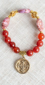 Pink Orange Jasper Focal Stones and Carnelian Stone and Stretch Bracelet with a Serenity Prayer Charm