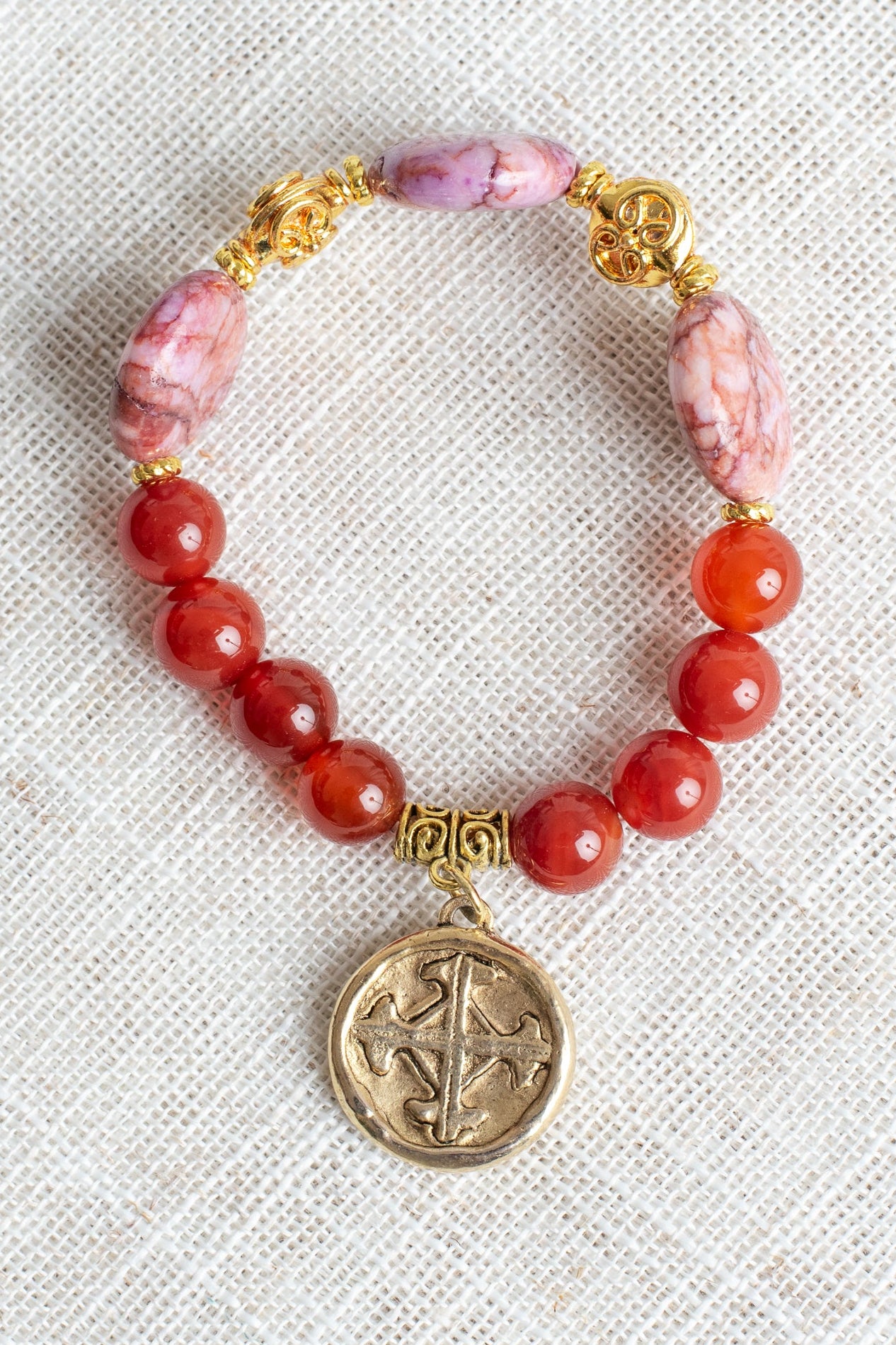 Pink Orange Jasper Focal Stones and Carnelian Stone and Stretch Bracelet with a Serenity Prayer Charm